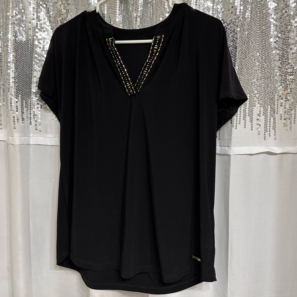 Woman’s Jones NY Sz M Short Sleeve Blouse w Gold Embellishments